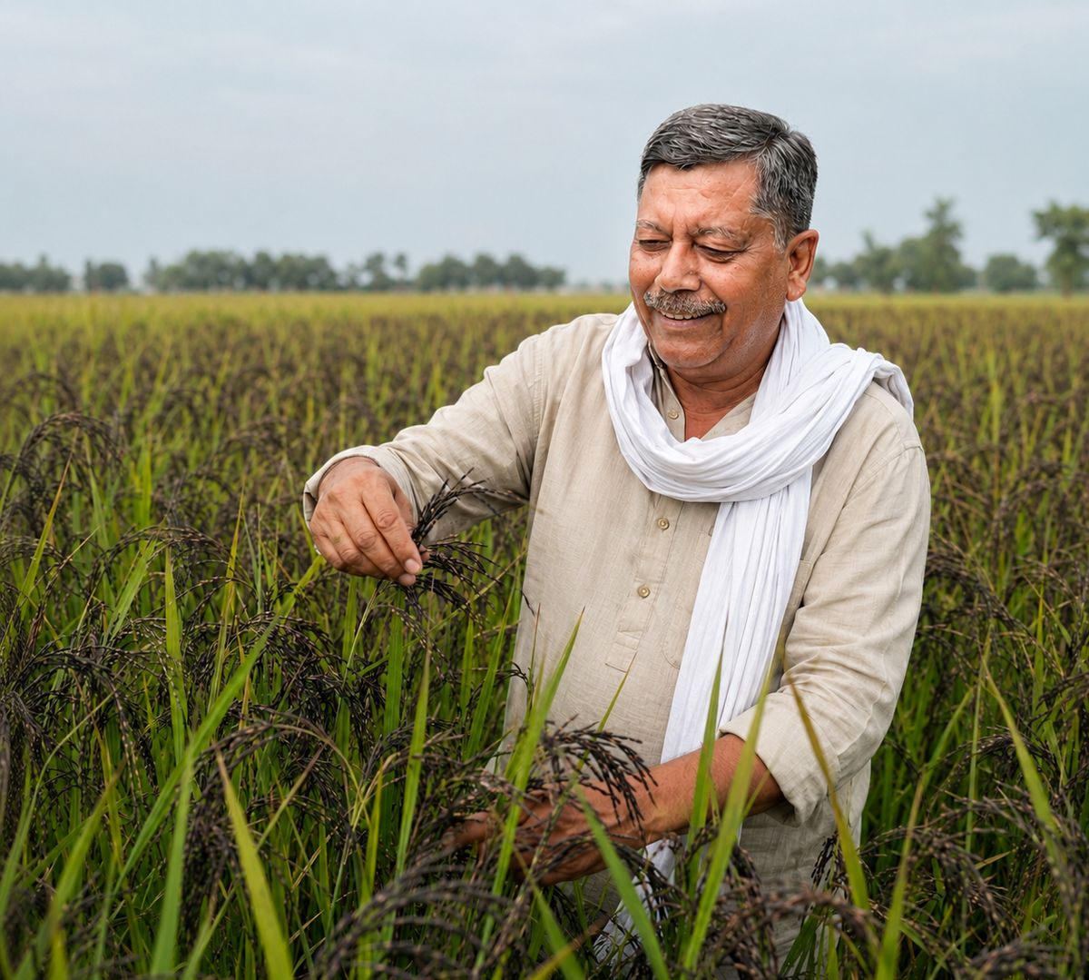 A Terai farmer smiling as he inspects dark Kalanamak paddy heads in his field