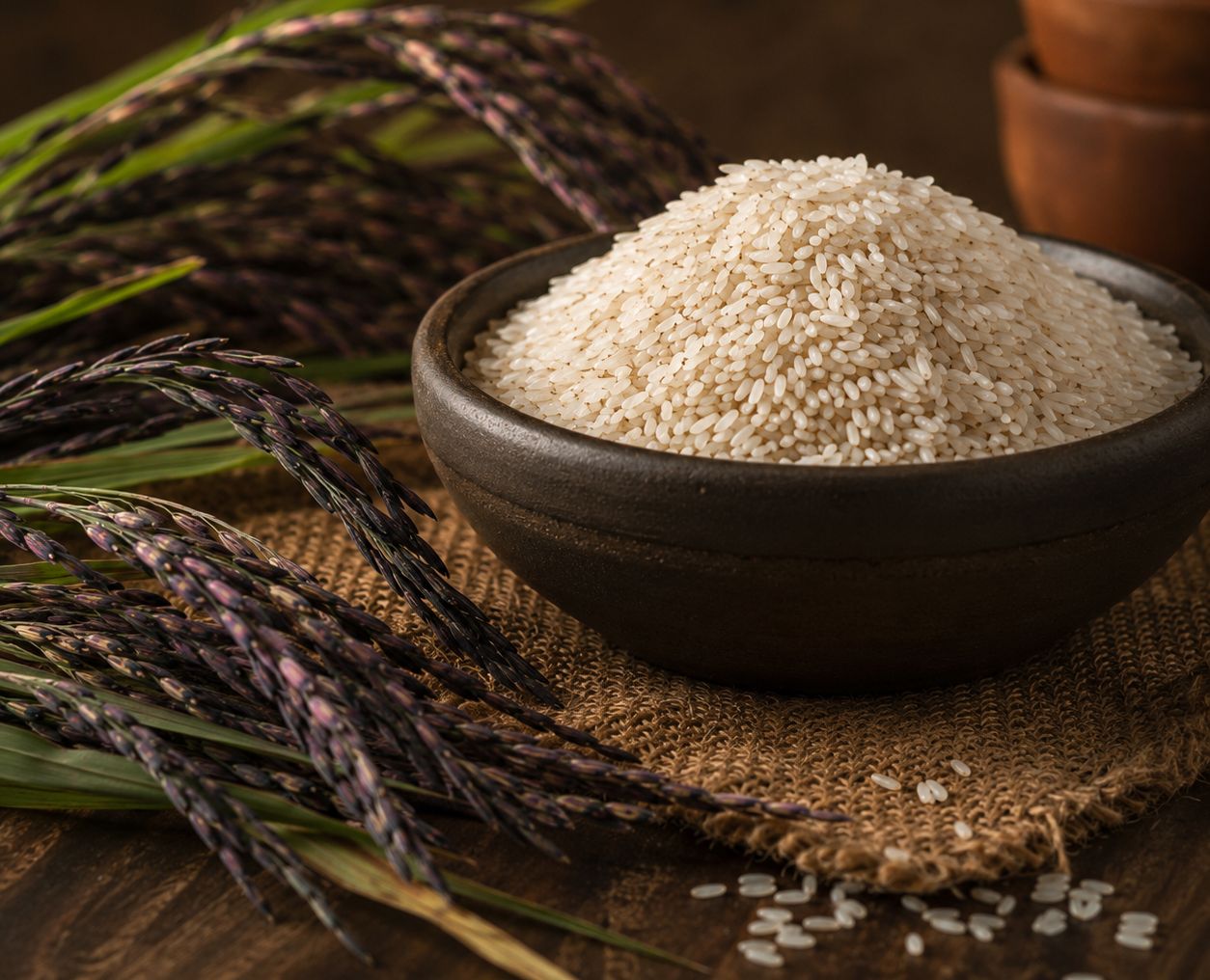 A clay bowl heaped with milled Kalanamak rice beside dark Kalanamak paddy