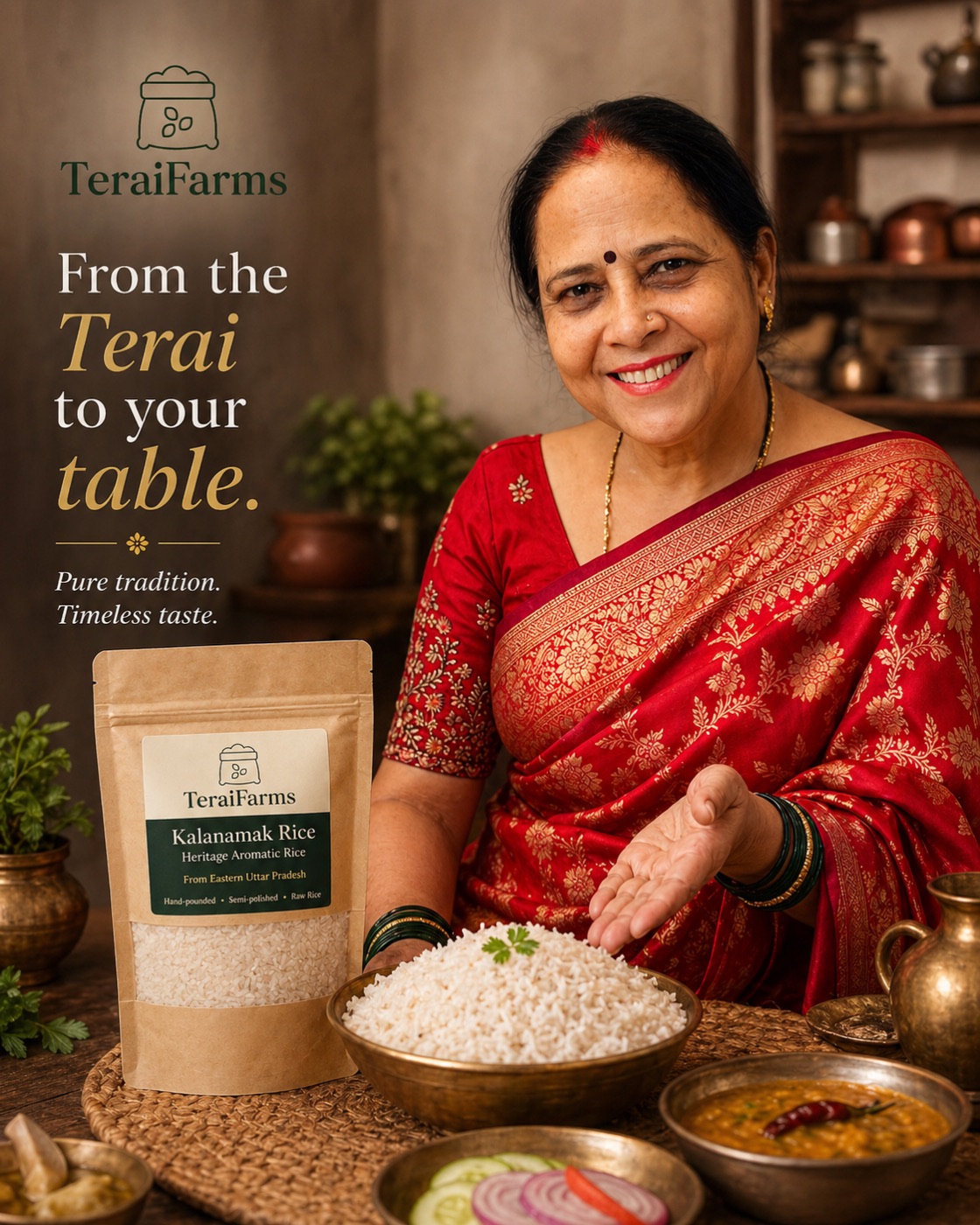 Neelam Devi serving Kalanamak rice with a traditional Indian thali
