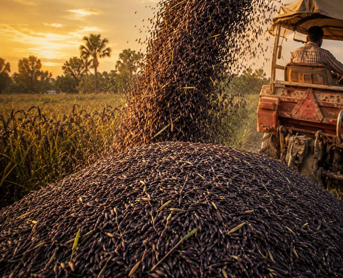 Kalanamak paddy being threshed into a trailer at golden hour, Eastern Uttar Pradesh