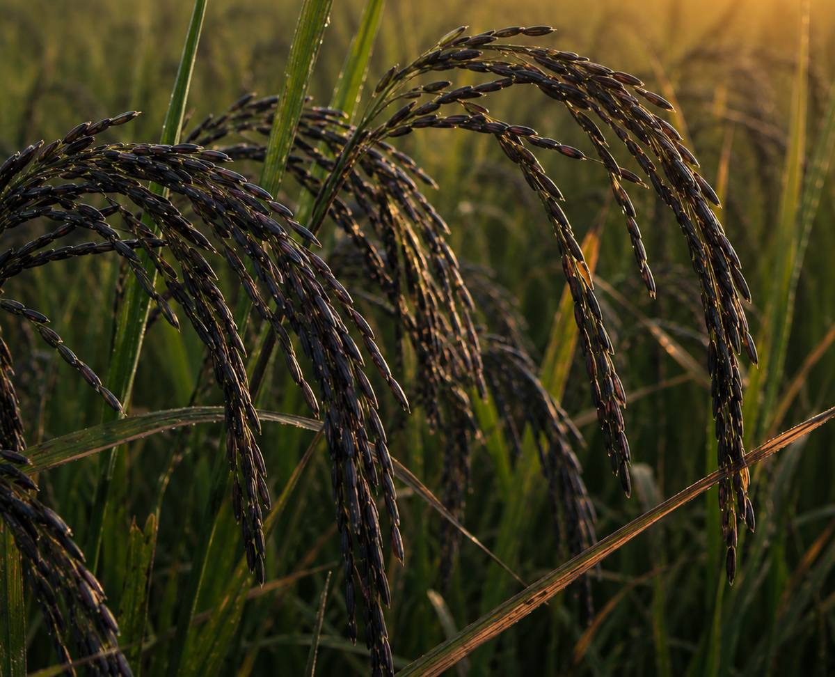 Dark-husked Kalanamak paddy heads catching first light in a Terai field