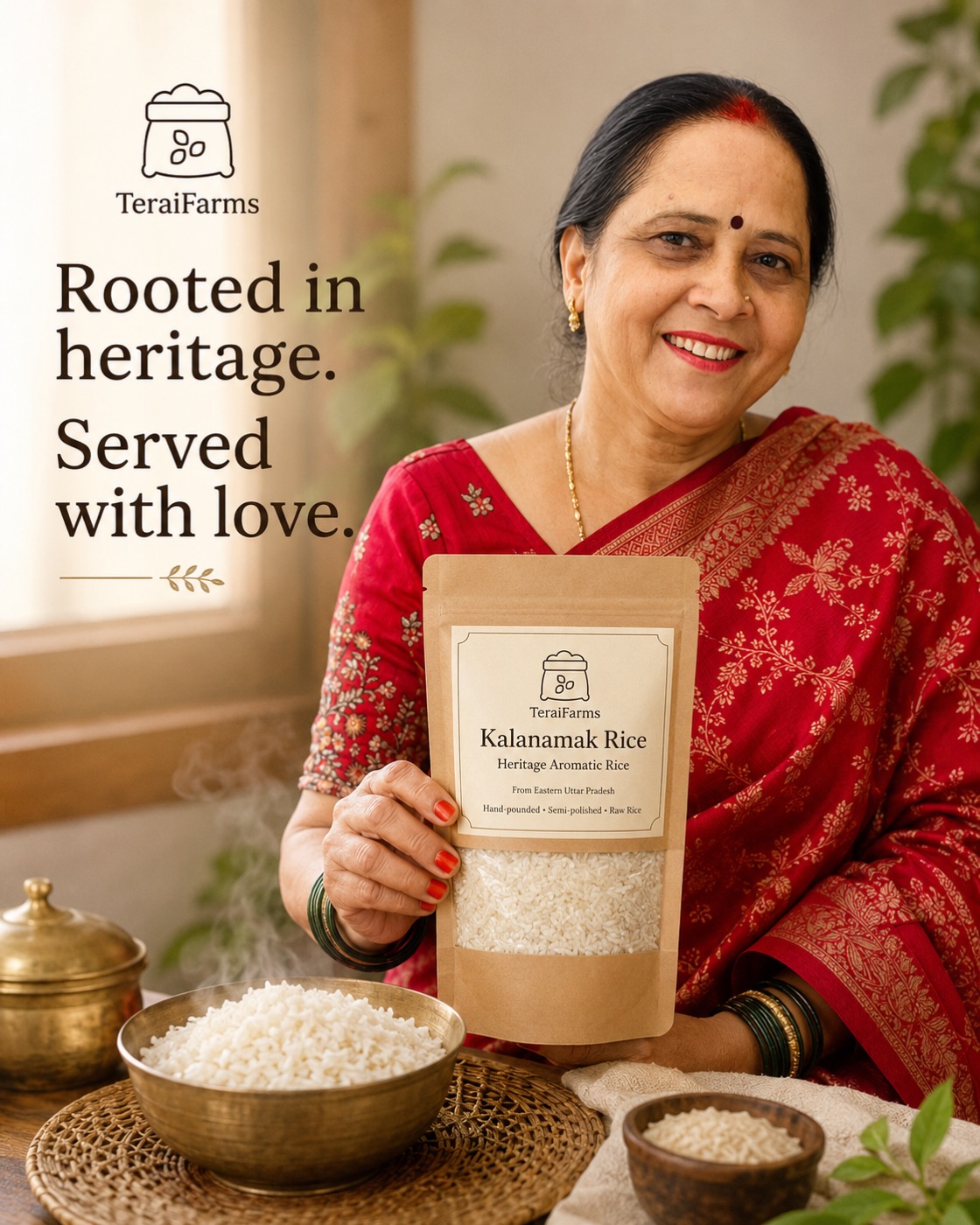 TeraiFarms Kalanamak Rice 1kg kraft pouch with hand-drawn rice sack logo