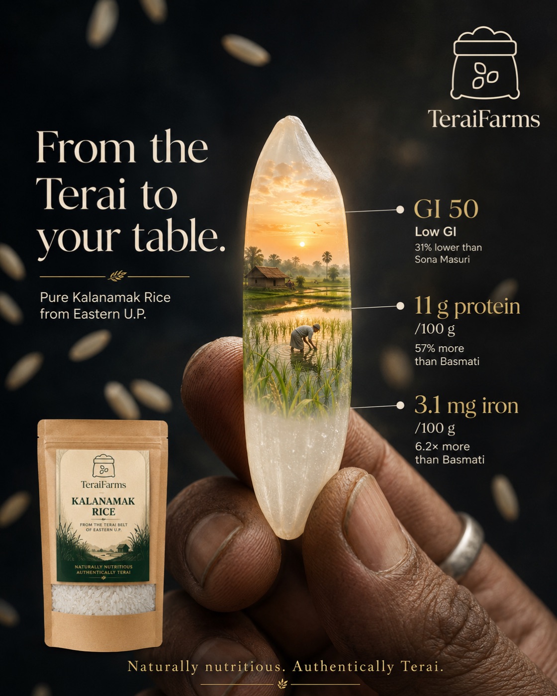 TeraiFarms Kalanamak rice pouch beside a steel pot with rising steam
